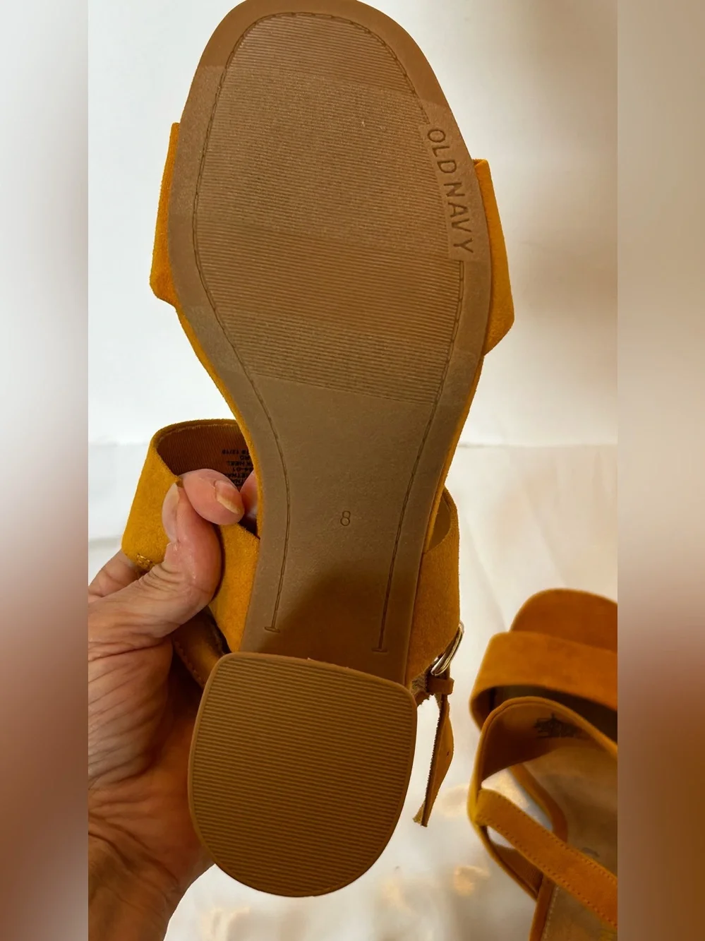 Womens Old Navy Buckled Slingback Strap Block Heel Sandal Faux Suede Mustard 8